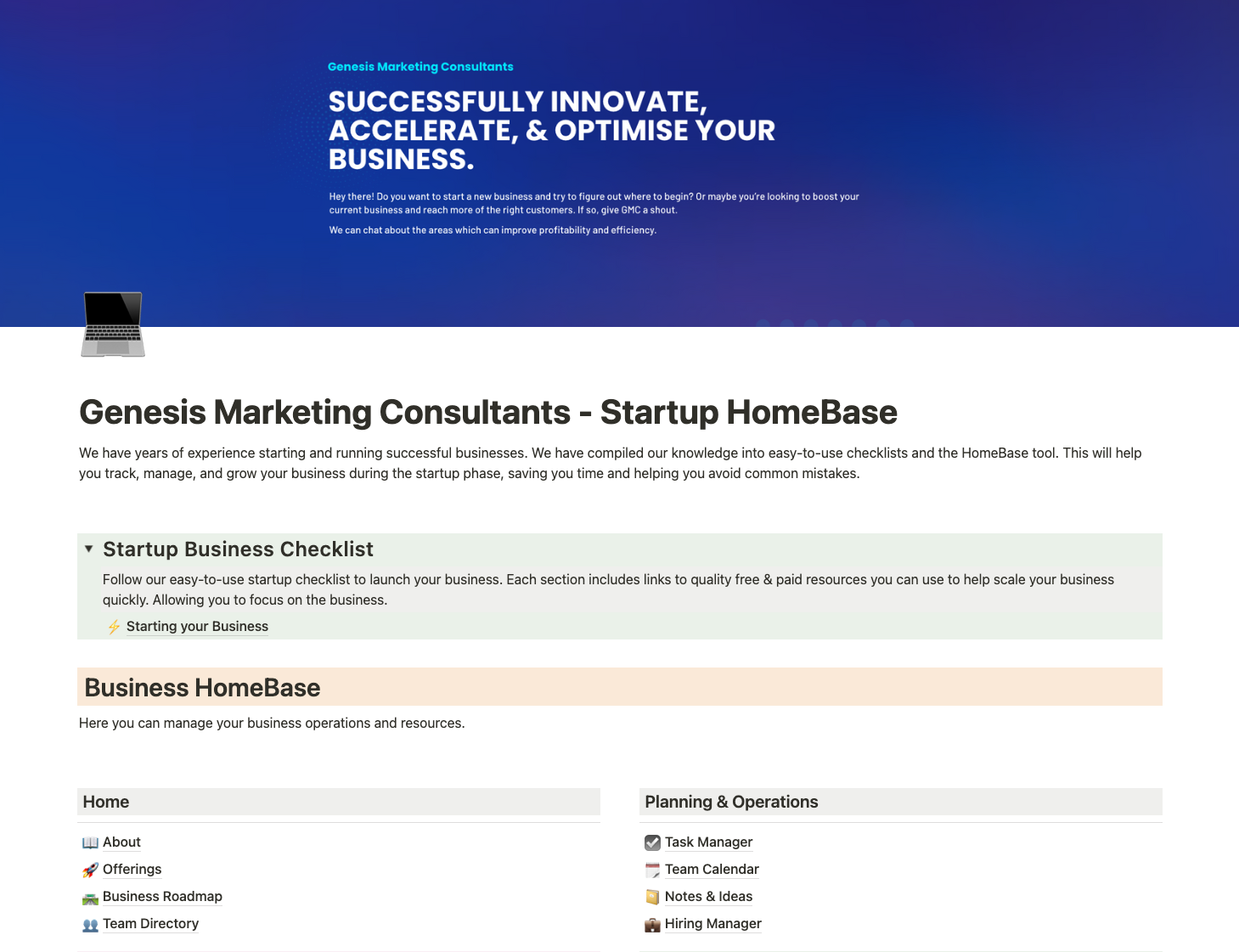 The Genesis Marketing Consultants Free Startup HomeBase Notion Template