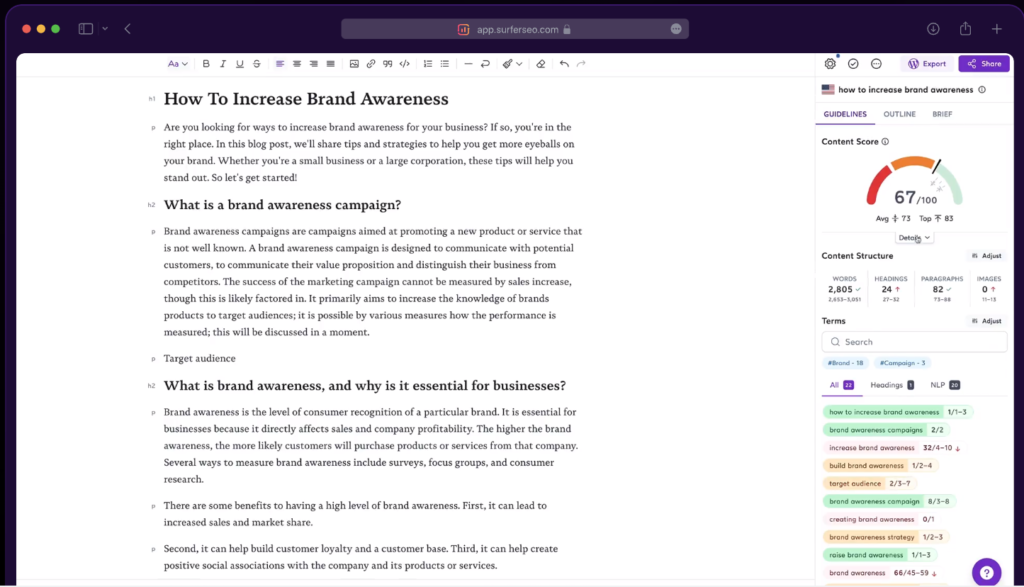 Surfer SEO article writer showing how it helps improve the content score. 