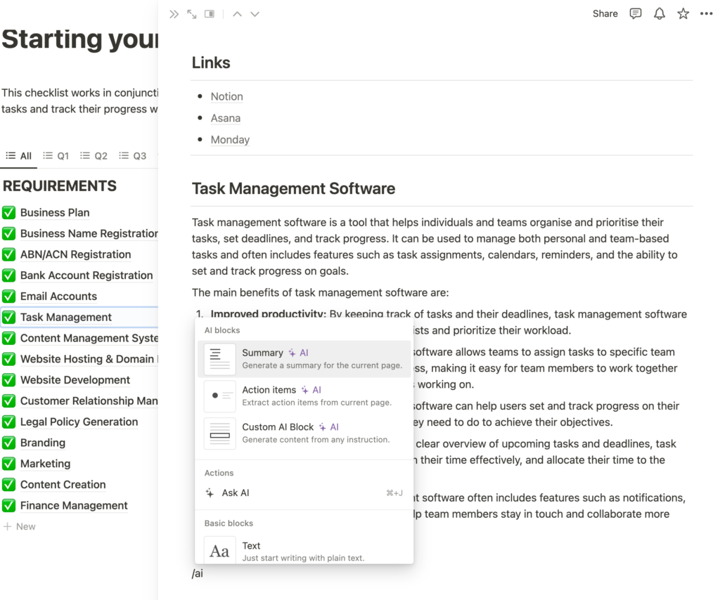 AI prompt feature in Notion